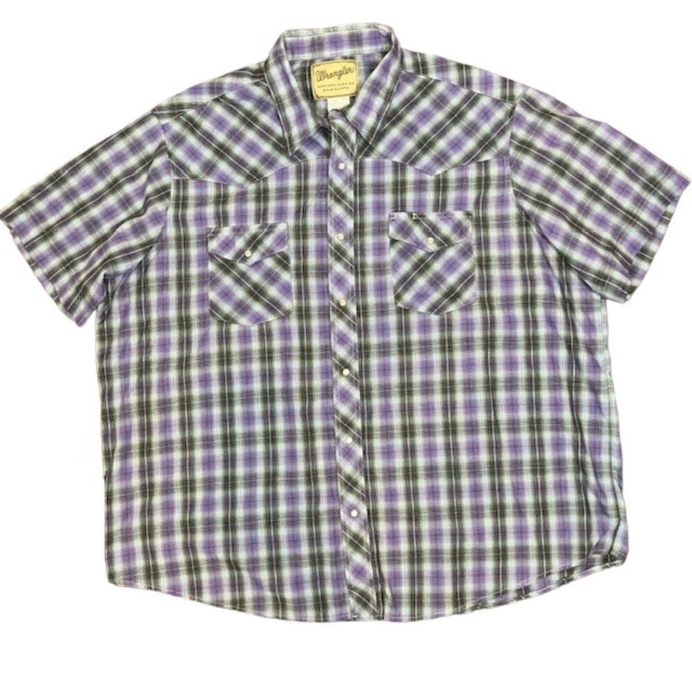 Wrangler Western Fashion Pearl Snap Shirt Men's Purple Black Plaid 2 pocket 2XL